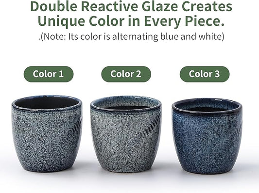 4+6 Inch Ceramic Planter Set of 2 with Drainage Hole and Saucer for Plants, Indoor-Outdoor Large Round Succulent Orchid Flower Pot -Inner-pots not Larger Than 5 Inch Reactive Glaze Blue