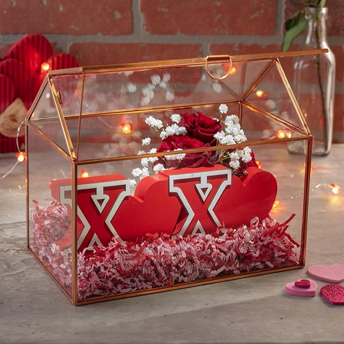 D'Eco Glass House Centerpiece (10x6x8)- Tabletop Planter Terrarium - Valentine's Day Home Decor & Wedding Letterbox - Fill with Succulents, Moss, Roses & Chocolates - Valentines Gift for Plant Lovers
