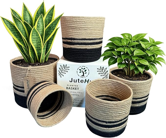 Planter Basket Set – 5-Piece Handwoven Jute Planter Basket for Home Decor, Nursery, or Indoor Plants (5'' to 8'' Diameter, 4.75'' to 7.75'' Height) – Fold & Wrinkle Free - Natural with Black Stripe