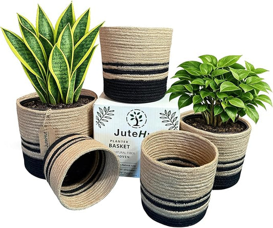 Planter Basket Set – 5-Piece Handwoven Jute Planter Basket for Home Decor, Nursery, or Indoor Plants (5'' to 8'' Diameter, 4.75'' to 7.75'' Height) – Fold & Wrinkle Free - Natural with Black Stripe