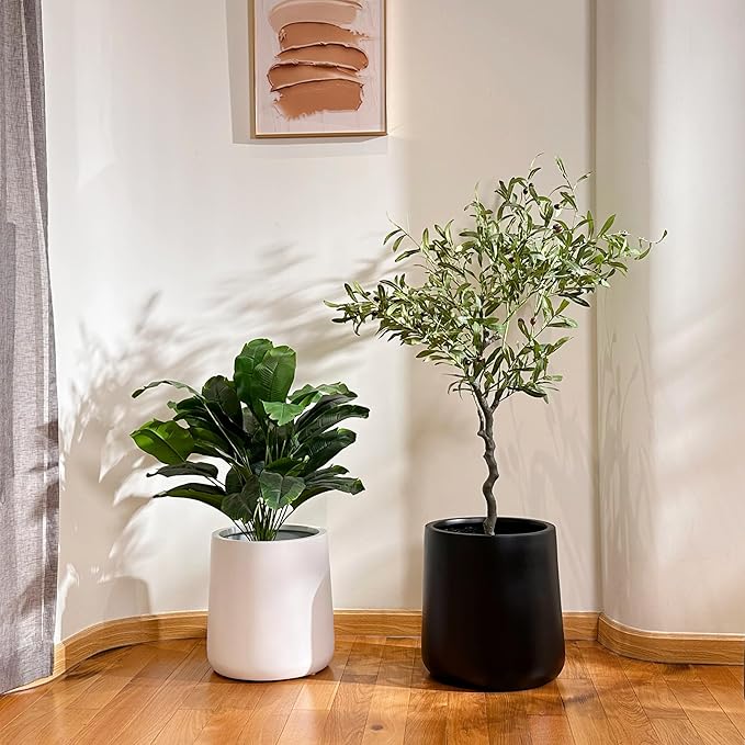 15.3" H x 15" D Conico Fiberstone Round Planter with Drainage Hole, Smooth Finishes, Weather Resistant for Indoor and Outdoor Use, Included 2 Extra Coco Mats (Black, 11.7" Pot Opening)