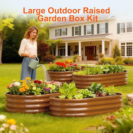 Raised Garden Bed Outdoor 2 Sets Oval Large Coating Metal Planter Box with No Heavy Metal for Vegetables, Flowers, Herbs