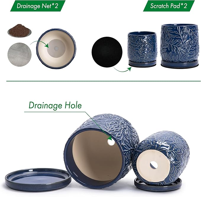 D'vine Dev Embossed Leaves Design 4 Inch & 6 Inch Stoneware Planter Pot with Drainage Hole and Saucer, Blue, 27-B-U-3