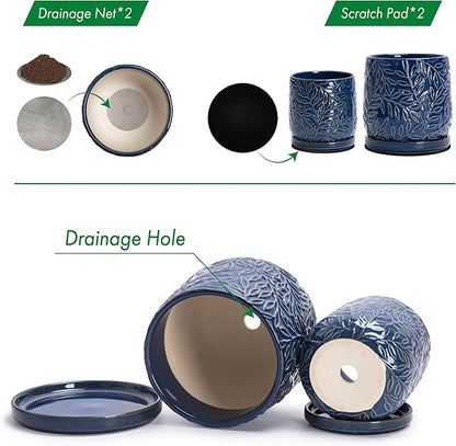 D'vine Dev Embossed Leaves Design 4 Inch & 6 Inch Stoneware Planter Pot with Drainage Hole and Saucer, Blue, 27-B-U-3