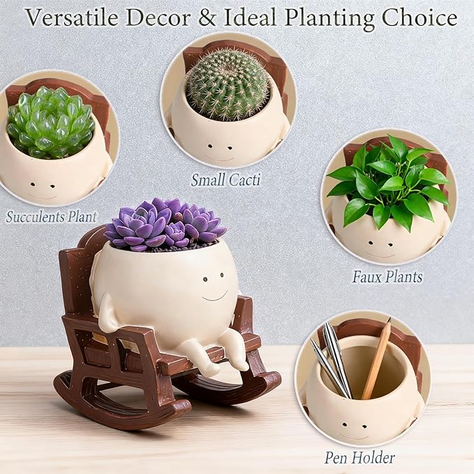 4 Inch Rocking Chair Smiley Face Planter Pots with Drainage Hole, Resin Flower Pot for Succulents, Cute Plant Pot Indoor Outdoor, Perfect for Spring Decor, Unique for Plant Lovers