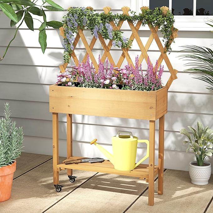 Raised Garden Bed with Trellis, Fir Wood Elevated Planter Bed with Legs, 2 Lockable Wheels & Storage Shelf, Wooden Planter Box Raised Bed for Gardening, Backyard, Balcony & Greenhouse