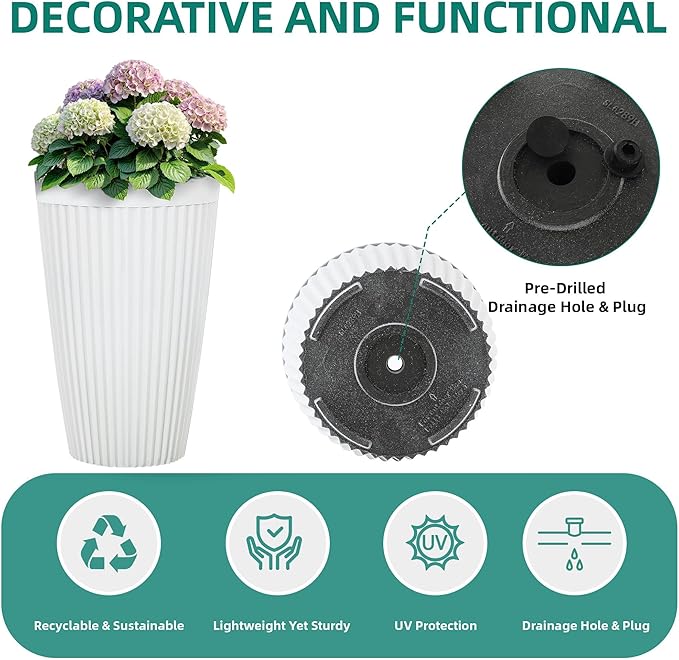 20" Tall Planters Set of 2, High-Density Resin Fluted Outdoor Pots for Plants, Versatile Indoor/Outdoor Flower Pots w/Drainage Holes for Patio, Garden, Porch & Living Room Decor, Ideal Gift