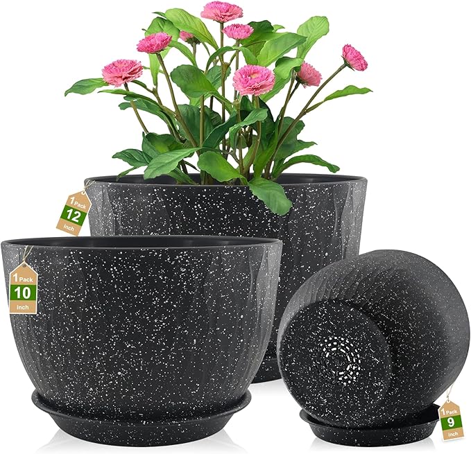 12/10/9 inch Plant Pots, 3 Pack Flower Pots for Outdoor Indoor Garden Plants, Large Planters with Multi Mesh Drainage Holes and Saucer (Speckled Black, 12"+10"+9")
