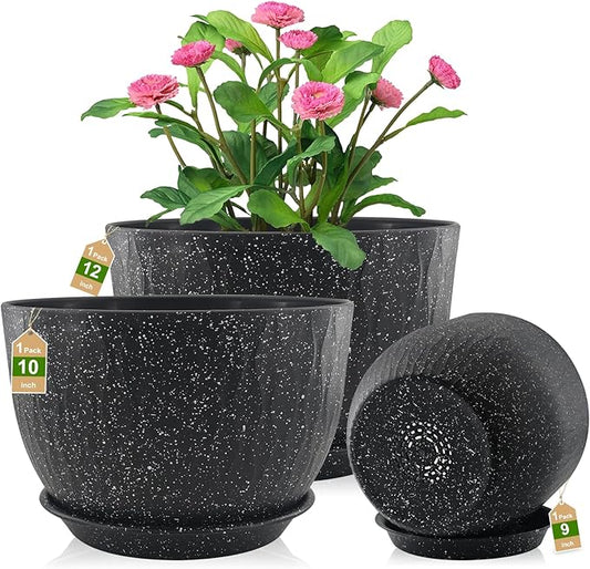 12/10/9 inch Plant Pots, 3 Pack Flower Pots for Outdoor Indoor Garden Plants, Large Planters with Multi Mesh Drainage Holes and Saucer (Speckled Black, 12"+10"+9")