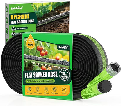 RAINPOINT Flat Soaker Hose 15FT for Garden, Drip Hose for Garden with Anodized Aircraft Aluminum Ends, Flexible & Lightweight Soaking Hose, Save 80% Water, Green