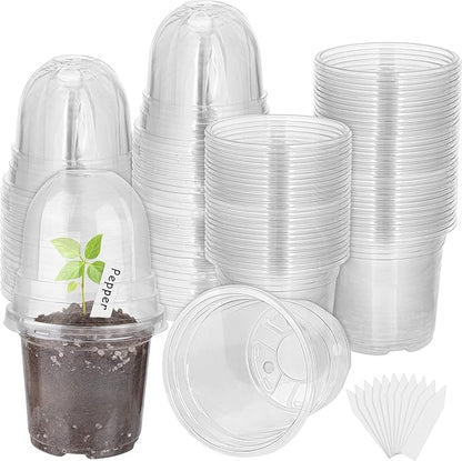 36 Packs 4 Inch Plant Nursery Pots with Humidity Dome Plastic Planters Gardening Flower Plant Pots Seed Starting Pots with Plant Labels for Seedling Indoor Outdoor Garden, Transparent