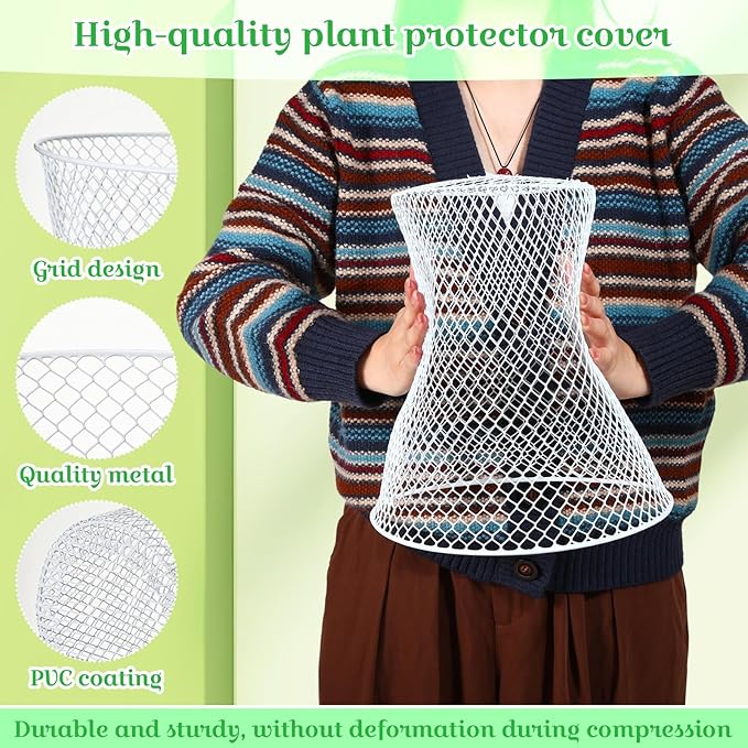 Therwen 15 Pcs Large Chicken Wire Cloche Plant Protector Cover 11x12 Inch Metal Garden Cloche Dome for Plants Wire Protection Basket with Garden Stakes Plant Cages from Animals (White)