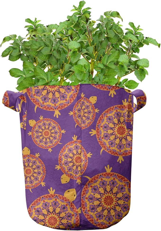 Lunarable Mandala Turtle Grow Bags 5-Pack, Shell Moroccan Style, Heavyduty Fabric Pots with Handles for Plants, Purple Red