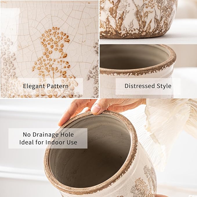 Set of 2 Ceramic Planters for Indoor Plants, 4.7+5.7 Inch Vintage Flower Pots without Drainage Hole, Rustic Brown Planter Set, Decorative Plant Pots for Indoor Plants, Home Decor, Living Room, Office