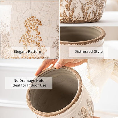 Set of 2 Ceramic Planters for Indoor Plants, 4.7+5.7 Inch Vintage Flower Pots without Drainage Hole, Rustic Brown Planter Set, Decorative Plant Pots for Indoor Plants, Home Decor, Living Room, Office