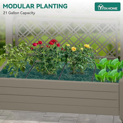 YITAHOME 3.6x1.5x5 FT Planter Box Trellis with Wheels, Large Outdoor Plastic Raised Garden Bed with Drain Plug for Climbing Plants, Light Brown