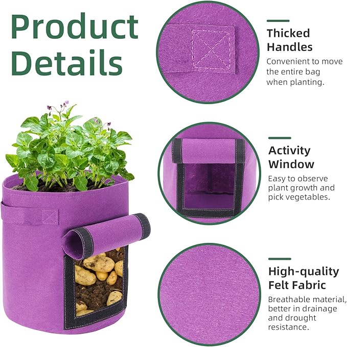 6 Pack 10 Gallon Potato Grow Bags with Flap, Potato Growing Bags Garden Planting Bag with Handle, Nonwoven Fabric Vegetables Grow for Potato Tomato Carrot Onion (10 Gallon)