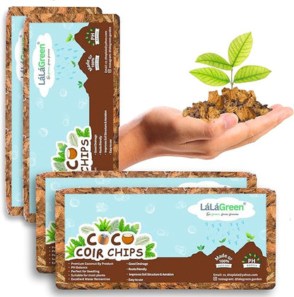 LaLaGreen Coconut Coir Chips for Plants (500g, 4 Pack) Indoor Herb Garden Seedling and Plant, Outdoor Planting Soil Vegetable Flower Orchids, Organic Compressed Coco Fiber Husk Chips Brick Peat Moss