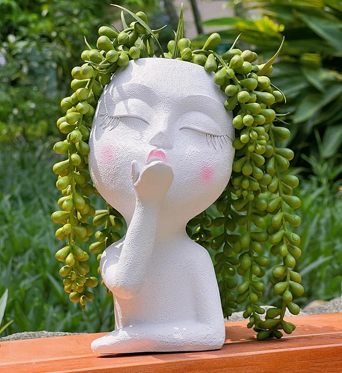 Handmade Face Flower Pots Standing Air Kiss Head Planter Pot for Trailing Plants Cute Succulent Planter Resin Planters Funny Face Planters with Anti-Friction Pads White 1Pack