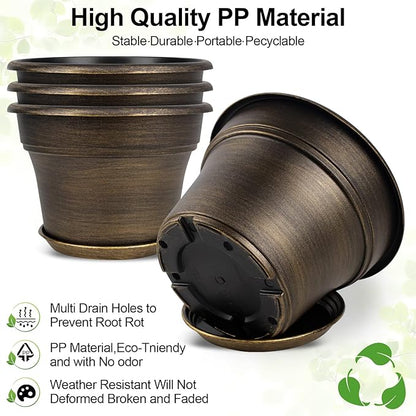 Plant Planters Pots Set of 4 Pack 10 Inch, Plastic Flower Pot For Indoor Plants With Drainage Holes & Trays, Resin Decorative Container Sets With Saucer For House Outdoor Garden Planters Dark Gold