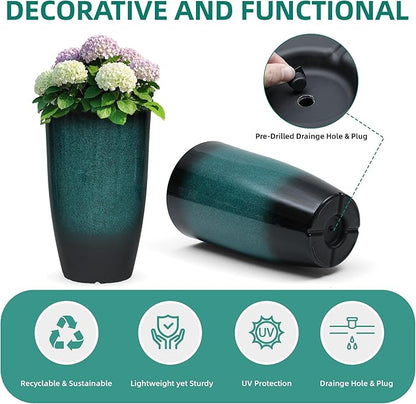 23.8" Tall Outdoor Planters Set of 2, Ceramic-Look Large Flower Pots for Indoor Outdoor Plants, All Seasons for Porch, Balcony, Garden, Patio or Home Art Decor, Gradient Turquoise Finish