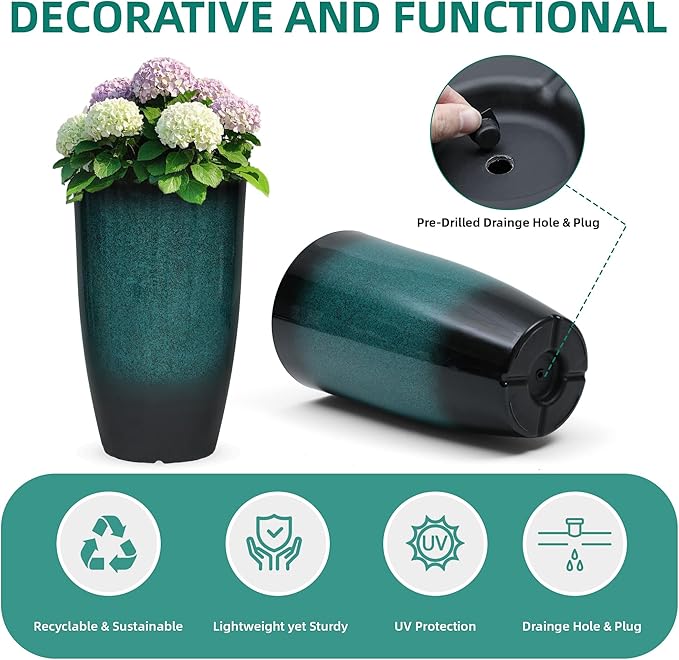 24" Tall Planters Set of 2, High-Density PP Ceramic-Look Outdoor Pots for Plants, Versatile Indoor/Outdoor Flower Pots w/Drainage Hole for Patio Garden Porch & Living Room Decor, Ideal Gift