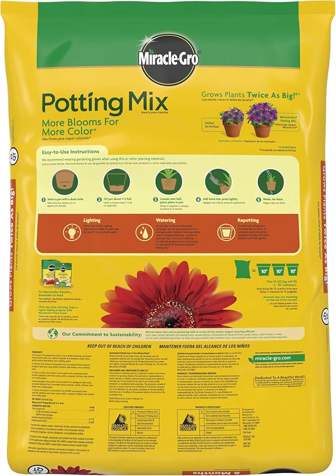 Miracle-Gro Potting Mix - for Potted Plants, Flowers Vegetables Shrubs Annuals and Perennials, Feeds Up to 6 Months - 25 qt. Bags, Pallet of 80