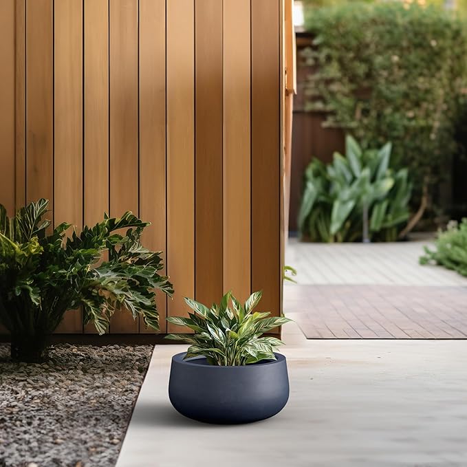 Kante 15.7" Dia Round Concrete Planter, Cement Plant Pots with Drainage Hole and Rubber Plug for Outdoor Indoor Garden Home, Modern Curvaceous Design, Dark Gray