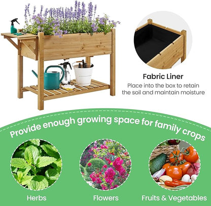 Yaheetech 49x22x32in 8 Pockets Horticulture Raised Garden Bed Elevated Wood Planter Box Stand with Foldable Side Table and Storage Shelf for Herb/Vegetables/Flowers, Light Brown