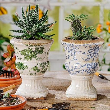 Sungmor Small Ceramic Urn Planter - Green Scroll Floral Pedestal Flower Pot, Decorative Vintage Chinoiserie Style Planters, Tuscan Accent Vase Indoor Outdoor Plant Holder with Drainage