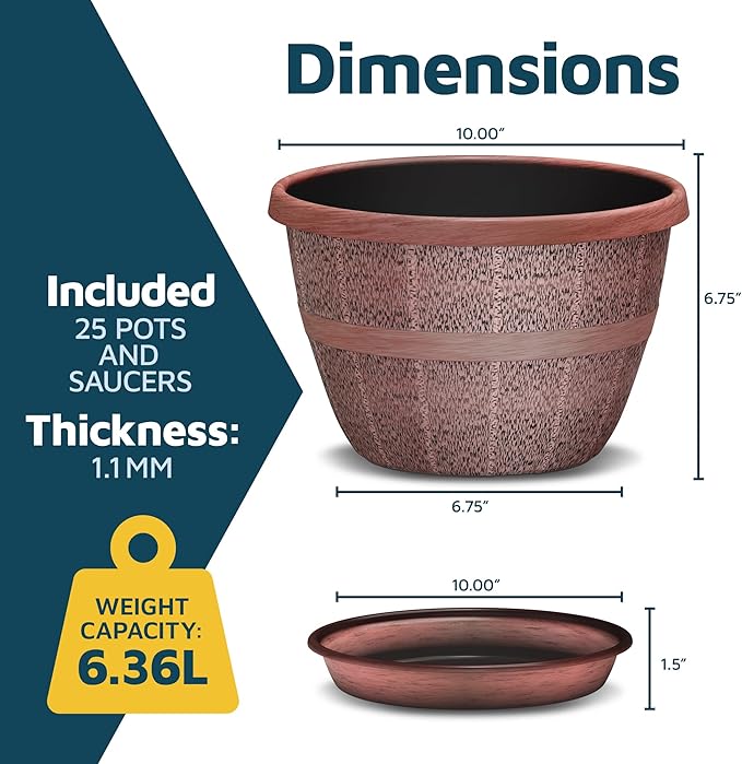 10-Inch Whiskey Barrel Planters Outdoor Pack of 25 - Durable Plastic Plant Pots for Indoor & Outdoor Use with Drainage & Saucer, Lightweight Rustic Barrel Planters for Flowers, Herbs & Small Plants
