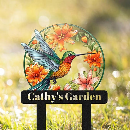 Personalized Hummingbird and Flowers Garden Sign - Customized Custom Colorful Flowers Bird Metal Garden Stake Outdoor Plaque - Lawn Yard Art Decor Sign With Stakes