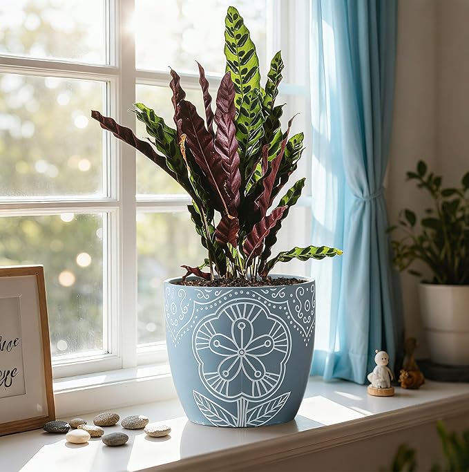 Terracotta Plant Pots,6.5+5+4.4 Inch Plant Pots Indoor with Drainage Hole- Floral Pattern,Blue Ceramic Planters for Indoor Plants,Boho decorative Flower Pots for Succulents,Herbs Plants,Set of 3