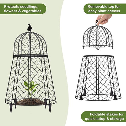 (6 Packs) 13" D x 20" H Garden Cloches for Plants, Rustproof Plant Cloche and Cover, Large Wire Plant Protectors from Animals, Split-Design Metal Plant Cloche with Collapsible Stakes, Black
