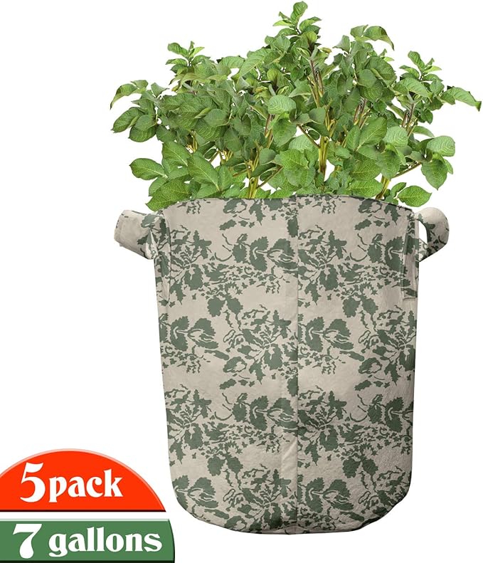 Ambesonne Beige Green Grow Bags 5-Pack, Camo Print Like Leaves, Heavyduty Fabric Pots with Handles for Plants, Olive Green