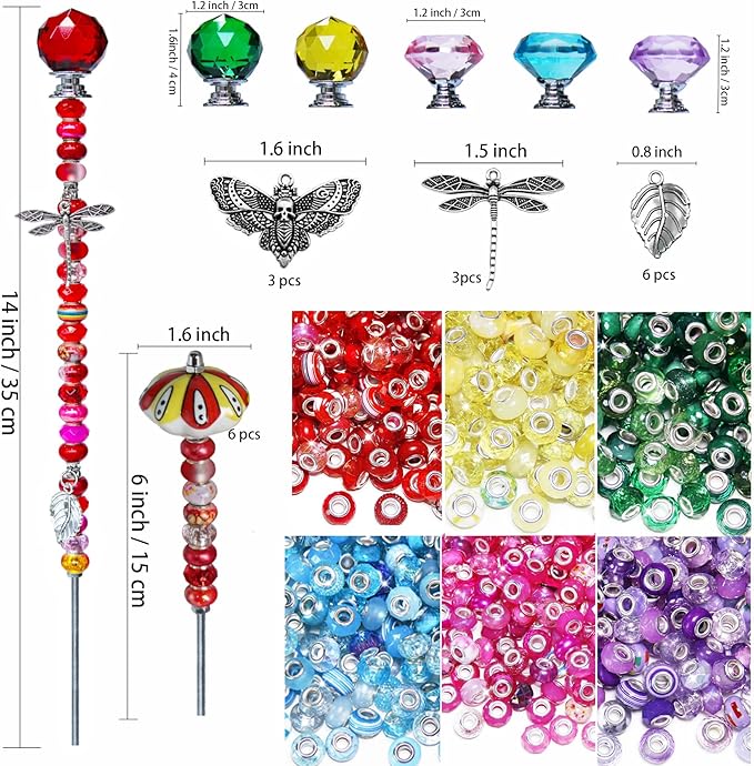 Fairy Wand Garden Stake Beads Kits,Beaded Decorative Garden Stakes Kit, 6 Large(14in) + 6 Mini (6in) Beaded Fairy Garden Stakes with Crysta l& Ceramic Toppers