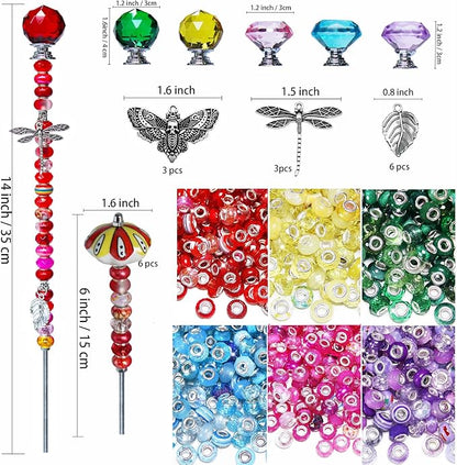 Fairy Wand Garden Stake Beads Kits,Beaded Decorative Garden Stakes Kit, 6 Large(14in) + 6 Mini (6in) Beaded Fairy Garden Stakes with Crysta l& Ceramic Toppers