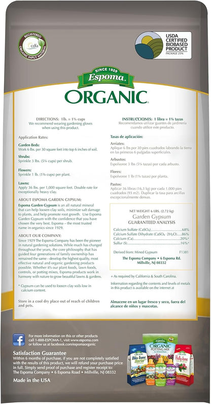 Espoma Organic Garden Gypsum Soil Conditioner; All-Natural & pelletized mined Gypsum with no fillers or additives. Helps Loosen Clay Soil; 6 lb. Bag Pack of one