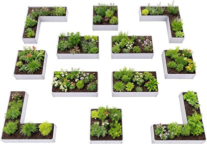 A ANLEOLIFE 12-Piece 18 Inch Tall Raised Garden Beds Kit, L-Shaped, Square & Rectangular Metal Planters for Flexible Backyard Layouts, Antique White