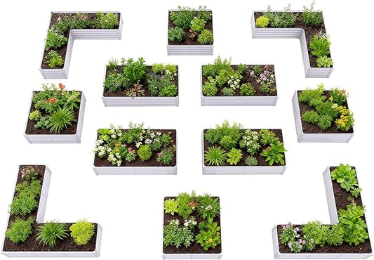 A ANLEOLIFE 12-Piece 18 Inch Tall Raised Garden Beds Kit, L-Shaped, Square & Rectangular Metal Planters for Flexible Backyard Layouts, Antique White