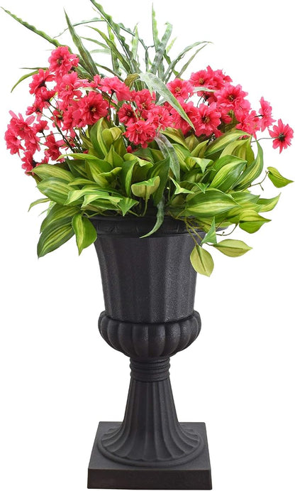 Arcadia Garden Products Plastic Garden Pedestal Urn, Set of 2 Classic Decorative Garden Pot Planter for Indoor and Outdoor Plants, 10” x 17”, Black