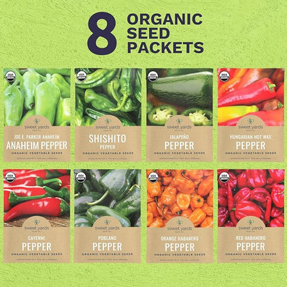 Organic Hot Pepper Seeds Variety Pack - 8 Individual Packs - 2026 Season - Habanero, Jalapeno, Cayenne, Anaheim and More! for Indoor & Outdoor Planting (Non-GMO, Certified Organic)