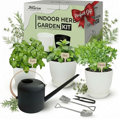 Indoor Garden Kit - Plant Pots with Drainage, Watering Can & Tools - Ideal Windowsill Planter Set - Modern Home & Kitchen Decor Gift - White