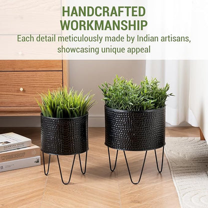 MyGift 8 and 10 Inch Modern Matte Black Metal Planter Pots with Pebbled Texture, Hammered Plant Containers with Matte Black Wire Stands, 2 Piece Set - Handcrafted in India