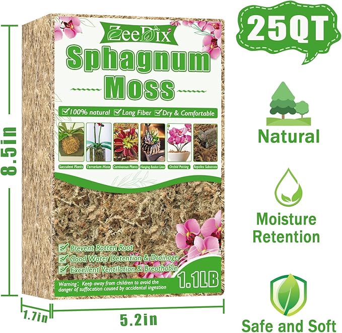 ZeeDix 1.1 lb Sphagnum Moss for Plants Indoor, Natural Long Fiber Sphagnum Orchid Moss Bulk for Carnivorous Plants, Succulents, Monstera, Flower & Reptile Terrariums Habitats (Expands to 25 qt)