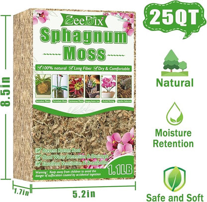ZeeDix 1.1 lb Sphagnum Moss for Plants Indoor, Natural Long Fiber Sphagnum Orchid Moss Bulk for Carnivorous Plants, Succulents, Monstera, Flower & Reptile Terrariums Habitats (Expands to 25 qt)