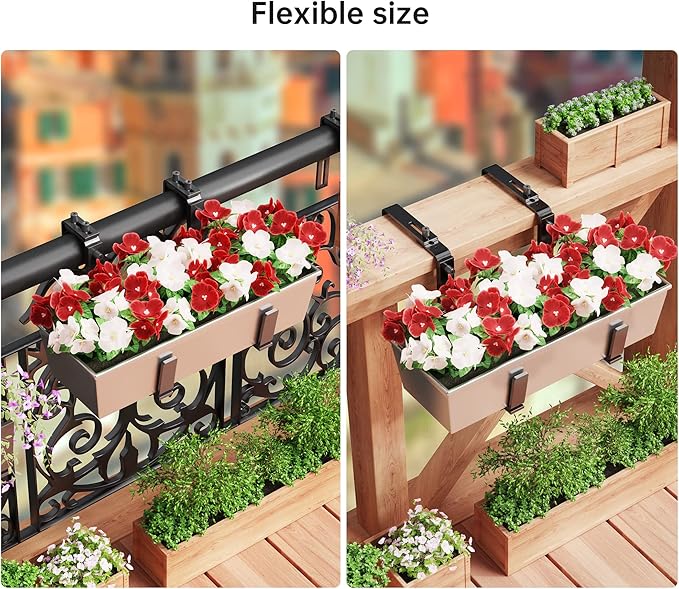 Y&M 4 Pcs Deck Railing Adjustable Planter Box Brackets (6 to 12.5 in), Universal Heavy Duty Iron Flower Box Brackets Wall Mounting Hooks for Fences, Patio, and Garden - Black (Patent Registered)