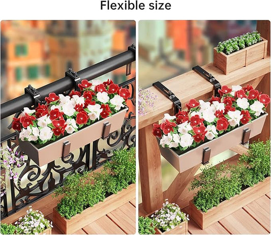 Y&M 2 Pcs Deck Railing Adjustable Planter Box Brackets (6 to 12.5 in), Universal Heavy Duty Iron Flower Box Brackets Wall Mounting Hooks for Fences, Patio, and Garden - Black (Patent Registered)