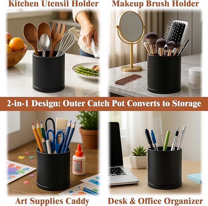 D'vine Dev Double-Layer Planter Set – Rotating Plastic Cachepot with Clear Inner Liner for Root Health, Perfect for Indoor Plants, 4.5", Black, 73-U-B-1