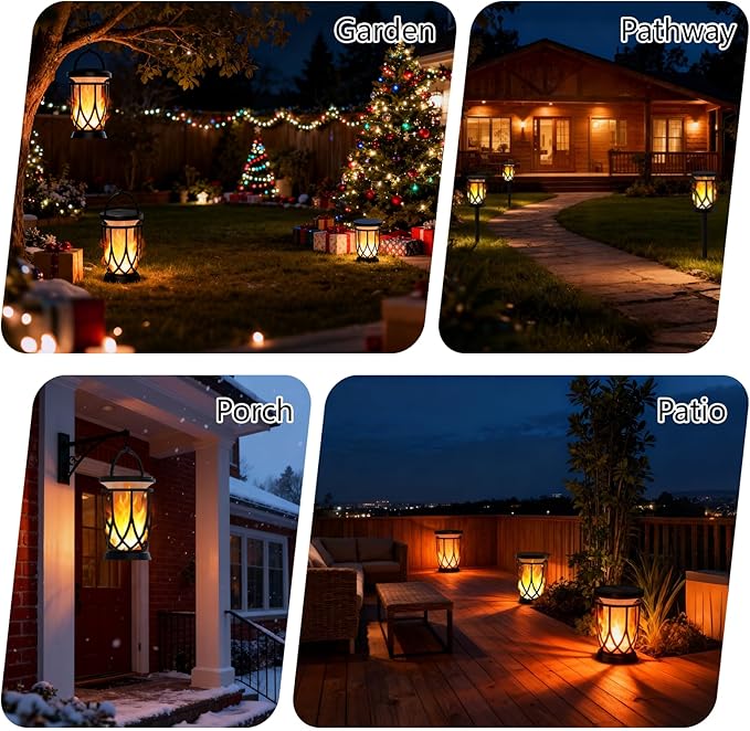 Solar Lanterns Outdoor Waterproof ,2 Pack Flickering Solar Flame Lights Upgraded Hanging Flame Lantern Pathway Torch Light Table Lamp, Auto On/ Off Porch Yard Gifts(2 Lighting Modes)